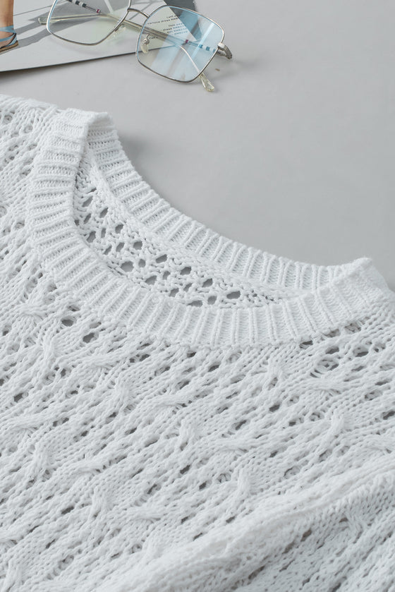 PACK2724529-P1-1, White Hollow-out Textured Half Sleeve Sweater