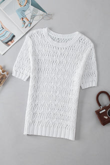  PACK2724529-P1-1, White Hollow-out Textured Half Sleeve Sweater