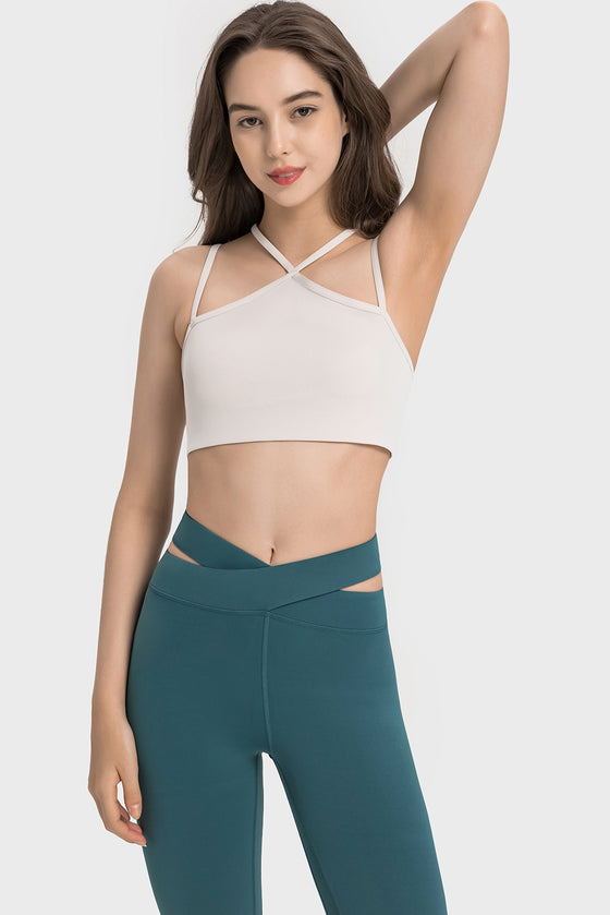 LC264668-P1-S, LC264668-P1-M, LC264668-P1-L, LC264668-P1-XL, White Solid Color Strappy Yoga Bra