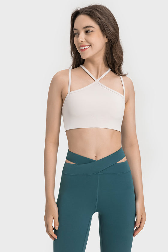 LC264668-P1-S, LC264668-P1-M, LC264668-P1-L, LC264668-P1-XL, White Solid Color Strappy Yoga Bra