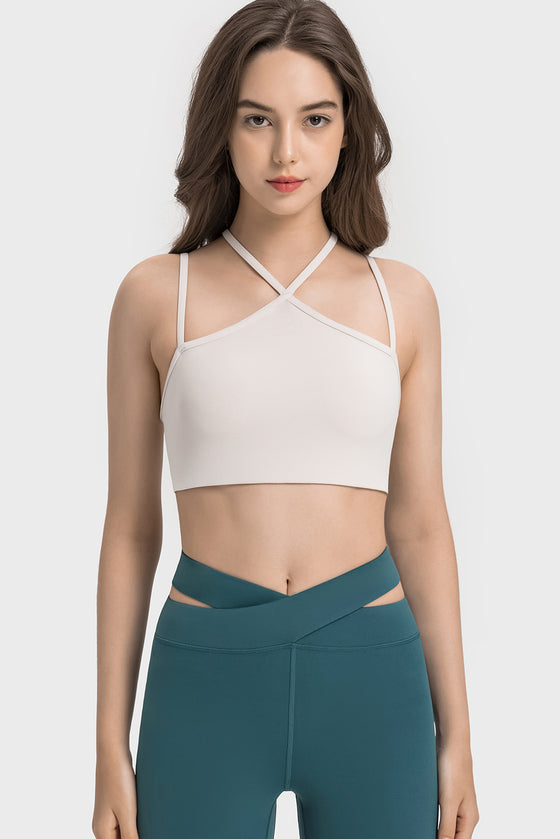 LC264668-P1-S, LC264668-P1-M, LC264668-P1-L, LC264668-P1-XL, White Solid Color Strappy Yoga Bra