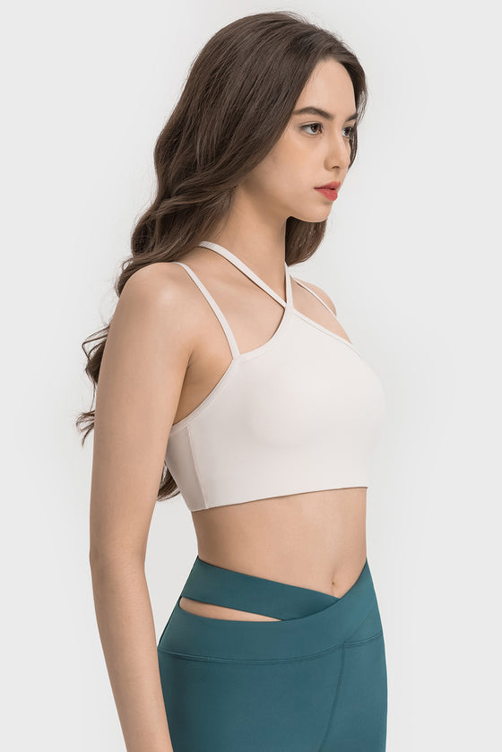LC264668-P1-S, LC264668-P1-M, LC264668-P1-L, LC264668-P1-XL, White Solid Color Strappy Yoga Bra
