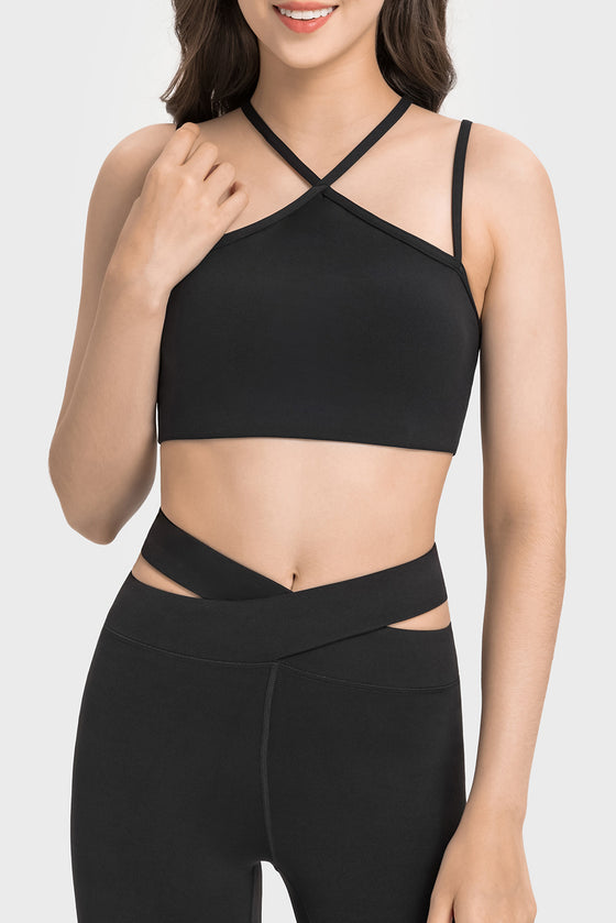 LC264668-P2-S, LC264668-P2-M, LC264668-P2-L, LC264668-P2-XL, Black Solid Color Strappy Yoga Bra
