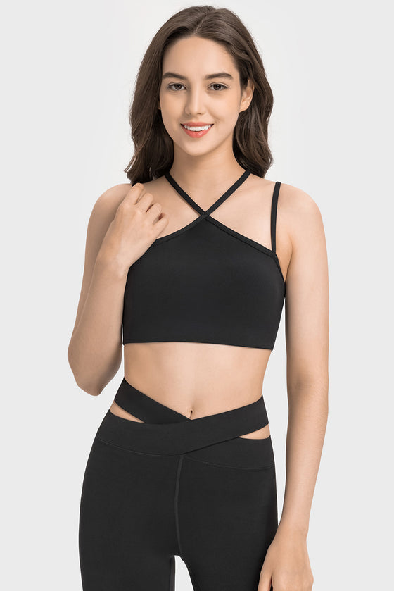 LC264668-P2-S, LC264668-P2-M, LC264668-P2-L, LC264668-P2-XL, Black Solid Color Strappy Yoga Bra
