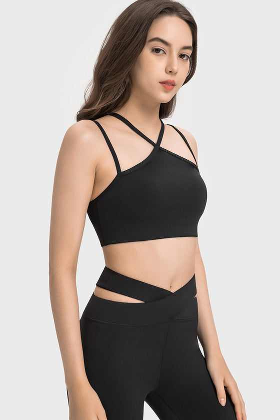 LC264668-P2-S, LC264668-P2-M, LC264668-P2-L, LC264668-P2-XL, Black Solid Color Strappy Yoga Bra