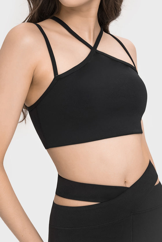LC264668-P2-S, LC264668-P2-M, LC264668-P2-L, LC264668-P2-XL, Black Solid Color Strappy Yoga Bra