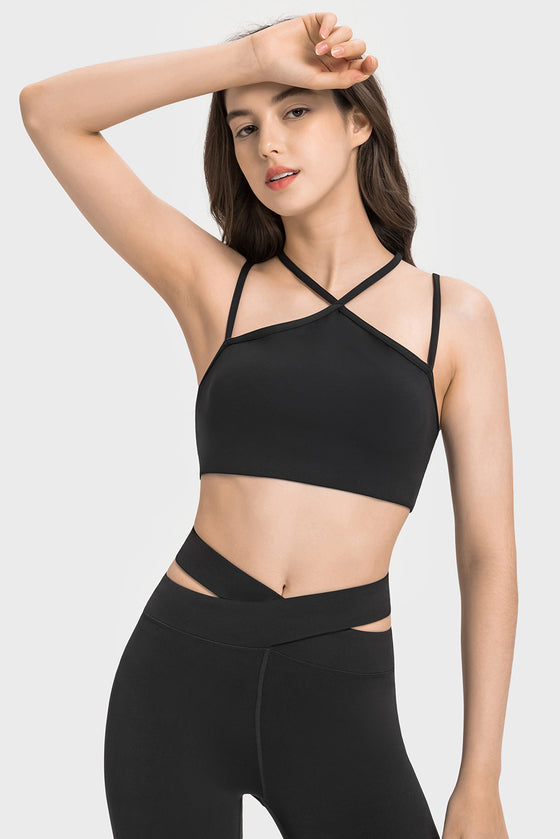 LC264668-P2-S, LC264668-P2-M, LC264668-P2-L, LC264668-P2-XL, Black Solid Color Strappy Yoga Bra