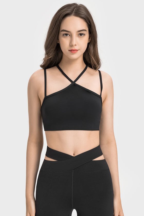 LC264668-P2-S, LC264668-P2-M, LC264668-P2-L, LC264668-P2-XL, Black Solid Color Strappy Yoga Bra