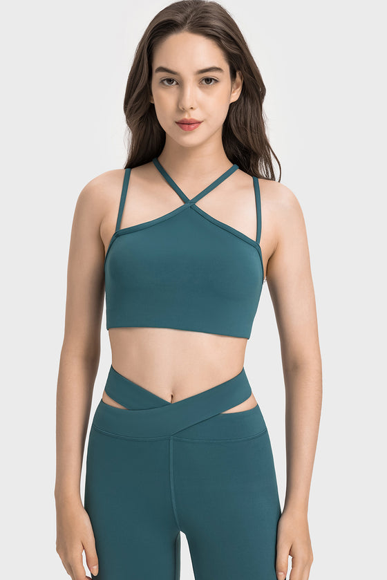 LC264668-P1709-S, LC264668-P1709-M, LC264668-P1709-L, LC264668-P1709-XL, Sea Green Solid Color Strappy Yoga Bra