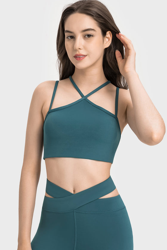 LC264668-P1709-S, LC264668-P1709-M, LC264668-P1709-L, LC264668-P1709-XL, Sea Green Solid Color Strappy Yoga Bra