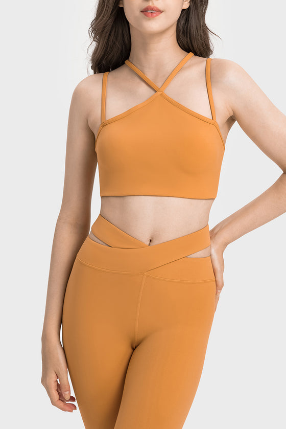 LC264668-P4014-S, LC264668-P4014-M, LC264668-P4014-L, LC264668-P4014-XL, Golden Apricot Solid Color Strappy Yoga Bra