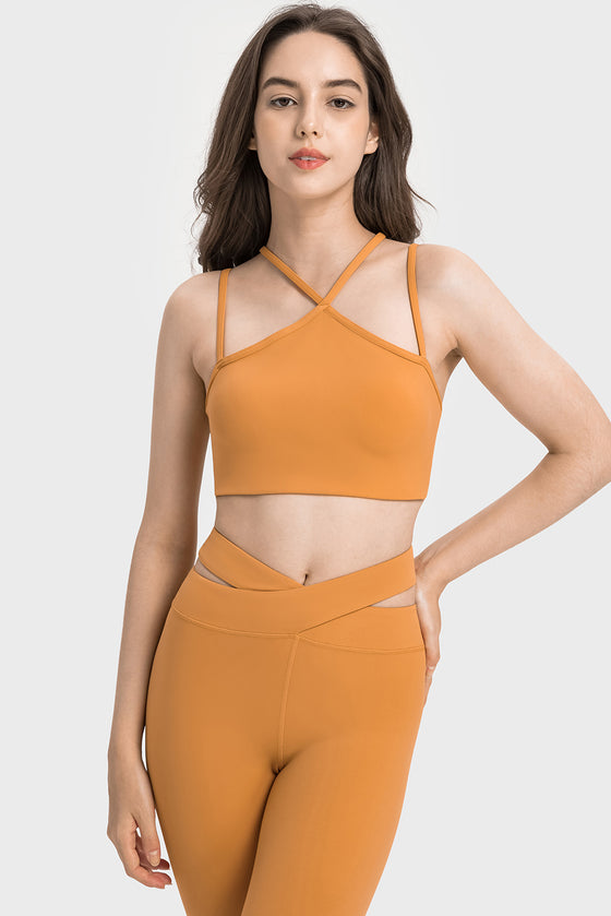 LC264668-P4014-S, LC264668-P4014-M, LC264668-P4014-L, LC264668-P4014-XL, Golden Apricot Solid Color Strappy Yoga Bra