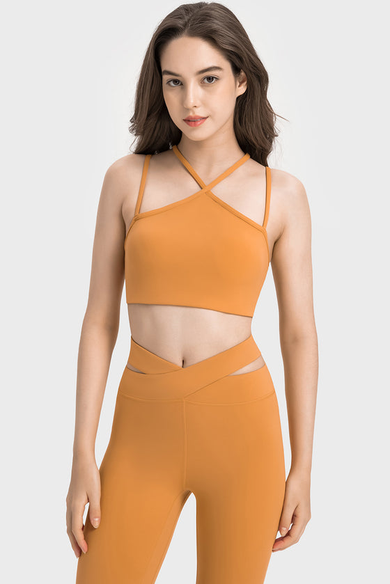 LC264668-P4014-S, LC264668-P4014-M, LC264668-P4014-L, LC264668-P4014-XL, Golden Apricot Solid Color Strappy Yoga Bra