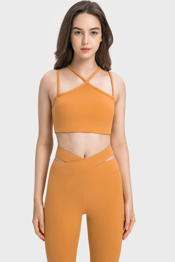 LC264668-P4014-S, LC264668-P4014-M, LC264668-P4014-L, LC264668-P4014-XL, Golden Apricot Solid Color Strappy Yoga Bra