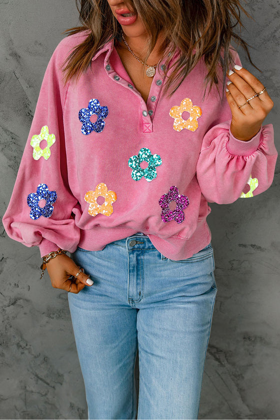 PACK25317238-10-1, Pink Flower Sequin Patch Snap Buttons Bubble Sleeve Sweatshirt