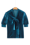 PACK25126584-P405-1, Peacock Blue Velvet Bow Tie Neck Short Sleeve Top