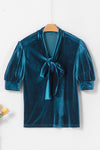 PACK25126584-P405-1, Peacock Blue Velvet Bow Tie Neck Short Sleeve Top