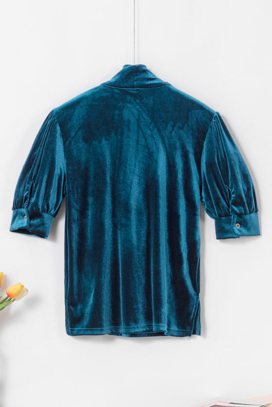 PACK25126584-P405-1, Peacock Blue Velvet Bow Tie Neck Short Sleeve Top