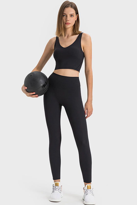 PACK264670-P2-1, Black Solid Color Ribbed V Neck Active Sports Bra