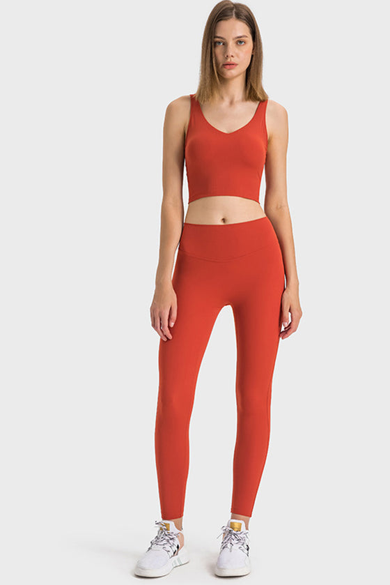 PACK264670-P103-1, Tomato Red Solid Color Ribbed V Neck Active Sports Bra