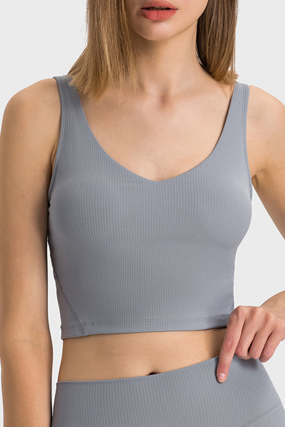 PACK264670-P3011-1, Medium Grey Solid Color Ribbed V Neck Active Sports Bra