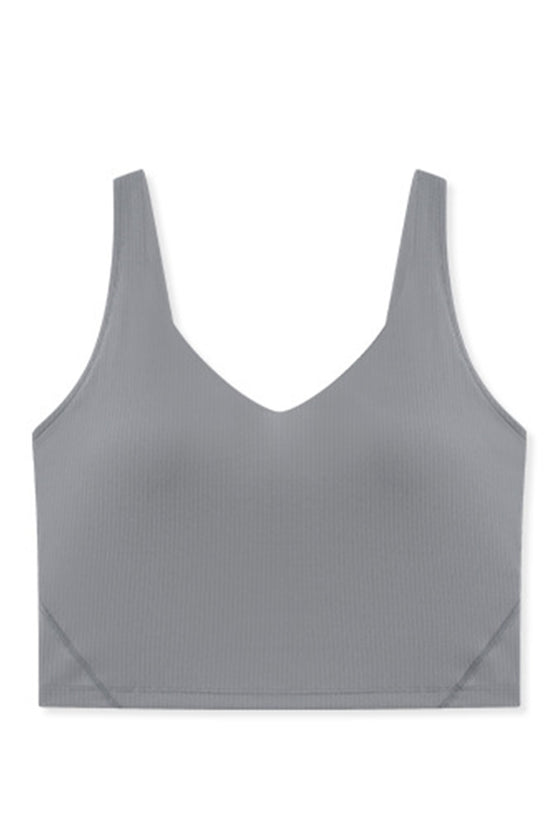 PACK264670-P3011-1, Medium Grey Solid Color Ribbed V Neck Active Sports Bra