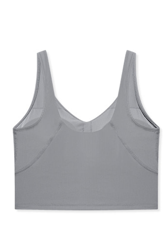 PACK264670-P3011-1, Medium Grey Solid Color Ribbed V Neck Active Sports Bra