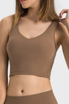 PACK264670-P5017-1, Dark Brown Solid Color Ribbed V Neck Active Sports Bra