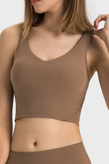  PACK264670-P5017-1, Dark Brown Solid Color Ribbed V Neck Active Sports Bra