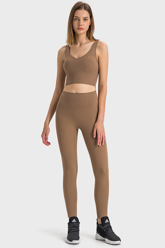 PACK264670-P5017-1, Dark Brown Solid Color Ribbed V Neck Active Sports Bra