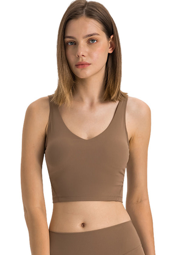 PACK264670-P5017-1, Dark Brown Solid Color Ribbed V Neck Active Sports Bra