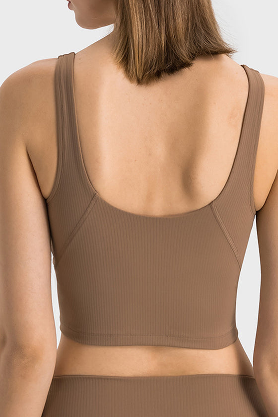 PACK264670-P5017-1, Dark Brown Solid Color Ribbed V Neck Active Sports Bra