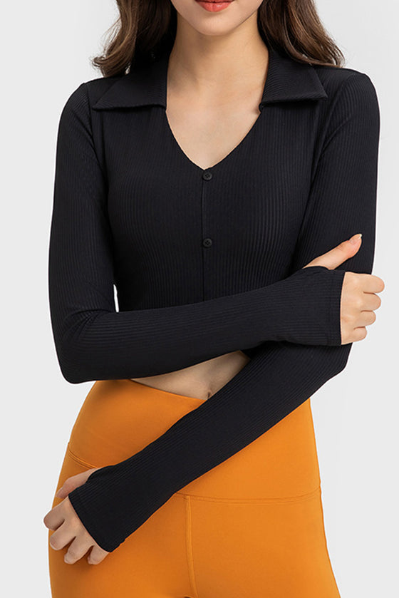 PACK264671-P2-1, Black Ribbed Thumbhole Long Sleeve Buttoned Active Top