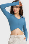 PACK264671-P405-1, Peacock Blue Ribbed Thumbhole Long Sleeve Buttoned Active Top
