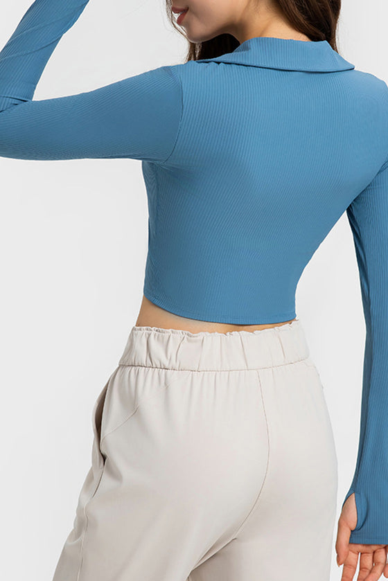 PACK264671-P405-1, Peacock Blue Ribbed Thumbhole Long Sleeve Buttoned Active Top