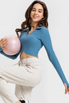 PACK264671-P405-1, Peacock Blue Ribbed Thumbhole Long Sleeve Buttoned Active Top