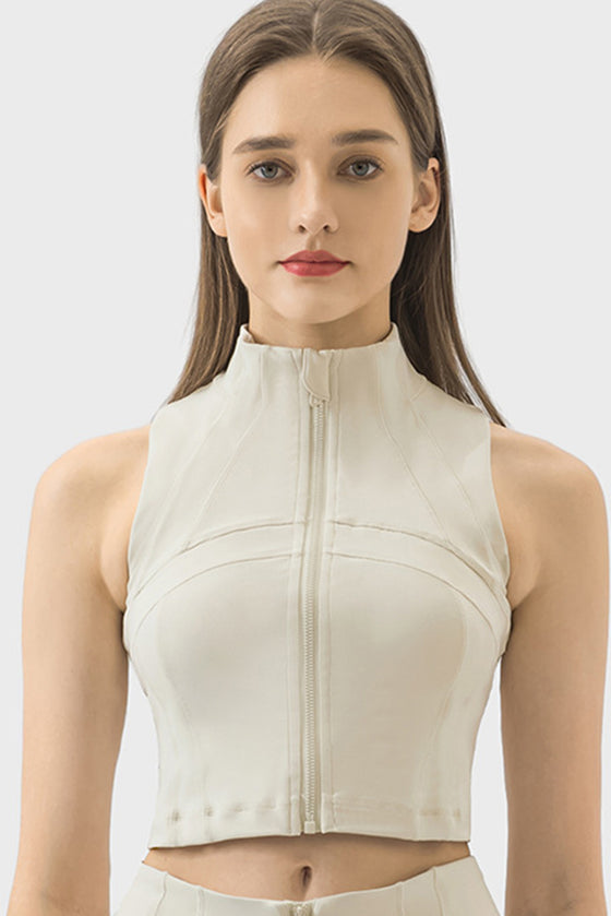 PACK264672-P1-1, White High Neck Sleeveless Zip up Active Crop Top