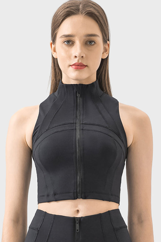 PACK264672-P2-1, Black High Neck Sleeveless Zip up Active Crop Top