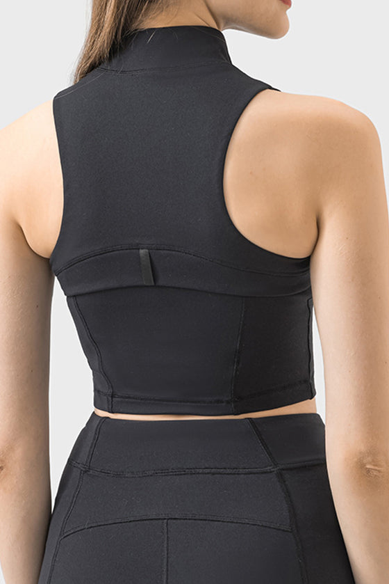 PACK264672-P2-1, Black High Neck Sleeveless Zip up Active Crop Top