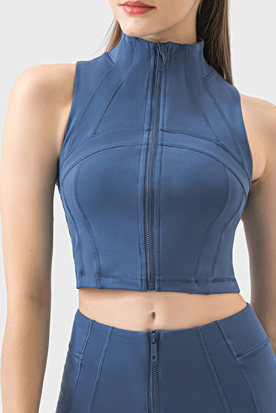 PACK264672-P905-1, Sail Blue High Neck Sleeveless Zip up Active Crop Top