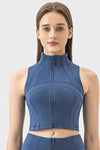PACK264672-P905-1, Sail Blue High Neck Sleeveless Zip up Active Crop Top