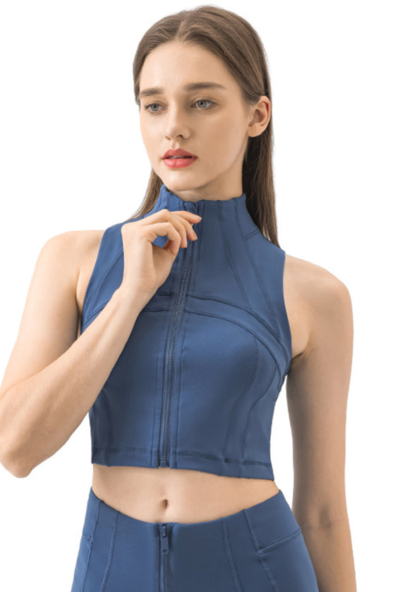 PACK264672-P905-1, Sail Blue High Neck Sleeveless Zip up Active Crop Top