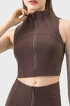 PACK264672-P5017-1, Dark Brown High Neck Sleeveless Zip up Active Crop Top