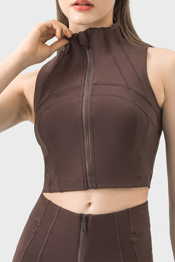 PACK264672-P5017-1, Dark Brown High Neck Sleeveless Zip up Active Crop Top