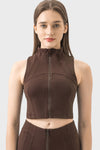 PACK264672-P5017-1, Dark Brown High Neck Sleeveless Zip up Active Crop Top