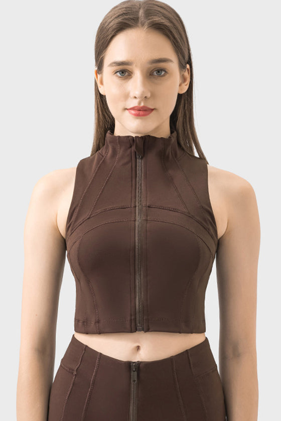 PACK264672-P5017-1, Dark Brown High Neck Sleeveless Zip up Active Crop Top