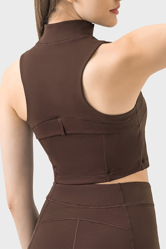 PACK264672-P5017-1, Dark Brown High Neck Sleeveless Zip up Active Crop Top