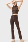 PACK264672-P5017-1, Dark Brown High Neck Sleeveless Zip up Active Crop Top