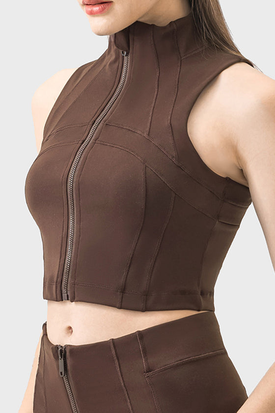 PACK264672-P5017-1, Dark Brown High Neck Sleeveless Zip up Active Crop Top