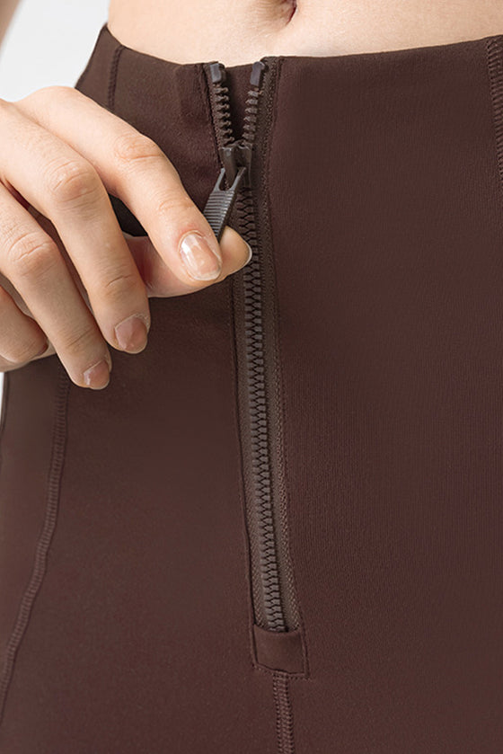 PACK265457-P5017-1, Dark Brown Exposed Seam High Waist Zipped Active Pants